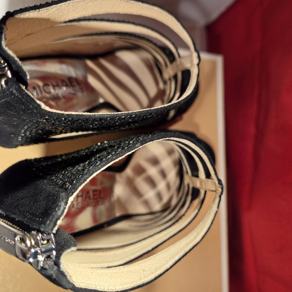 MICHAEL Michael Kors Woman's Mavis Open Toe Black Suede Heel Sandals w/ Crystals - Picture 8 of 13